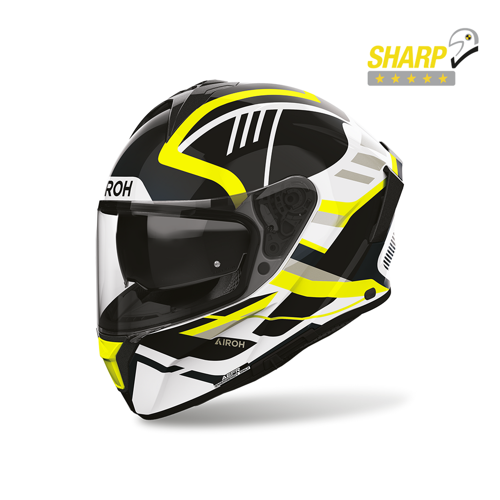 Airoh Spark 2 Luma Giallo Lucido (SP2L31), casco integrale visto di tre quarti anteriore, con badge 5 stelle SHARP
