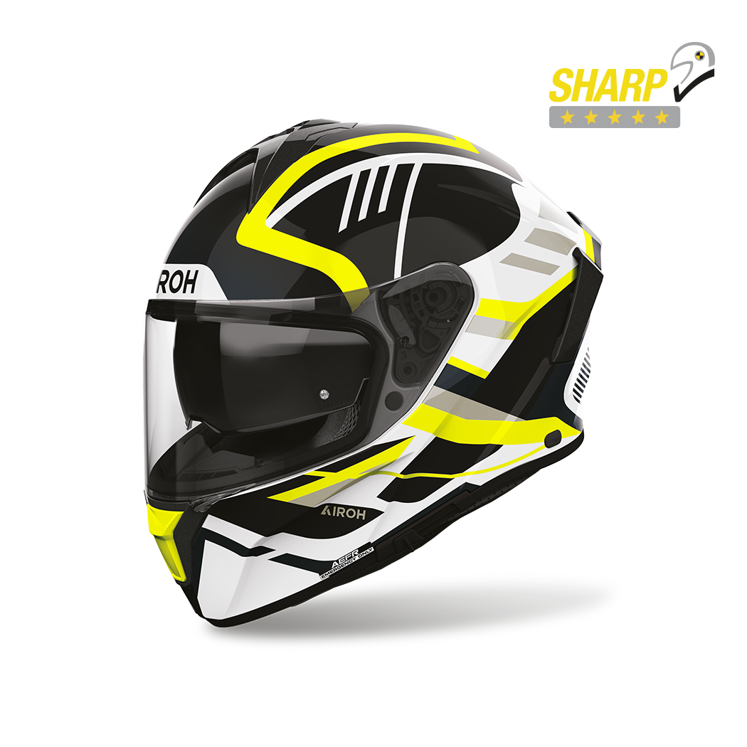 Airoh Spark 2 Luma Giallo Lucido (SP2L31), casco integrale visto di tre quarti anteriore, con badge 5 stelle SHARP