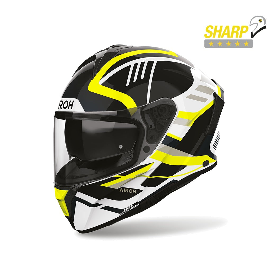 Airoh Spark 2 Luma Giallo Lucido (SP2L31), casco integrale visto di tre quarti anteriore, con badge 5 stelle SHARP