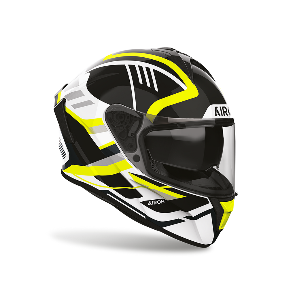 Airoh Spark 2 Luma Giallo Lucido visto di tre quarti dal lato opposto, grafica nero, bianco e giallo e visiera chiusa