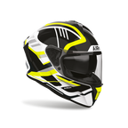 Airoh Spark 2 Luma Giallo Lucido visto di tre quarti dal lato opposto, grafica nero, bianco e giallo e visiera chiusa