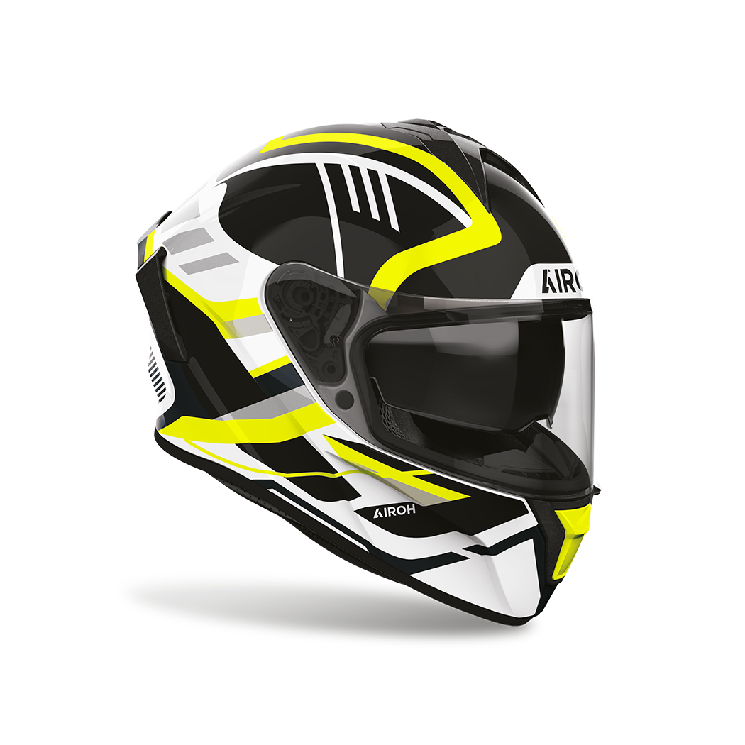 Airoh Spark 2 Luma Giallo Lucido visto di tre quarti dal lato opposto, grafica nero, bianco e giallo e visiera chiusa