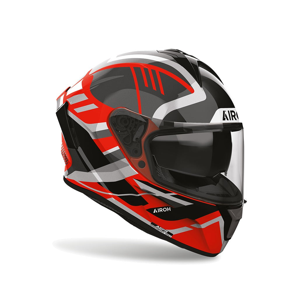 Airoh Spark 2 Luma Rosso Lucido visto di tre quarti dal lato opposto, grafica nero, grigio e rosso e visiera chiusa
