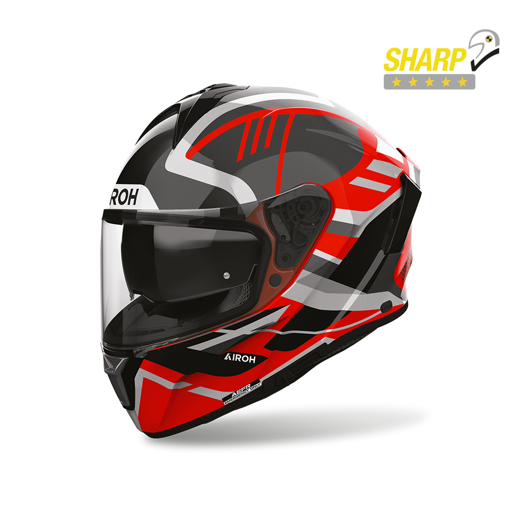 Airoh Spark 2 Luma Rosso Lucido (SP2L55), casco integrale visto di tre quarti anteriore, con badge 5 stelle SHARP