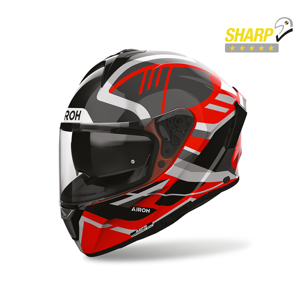 Airoh Spark 2 Luma Rosso Lucido (SP2L55), casco integrale visto di tre quarti anteriore, con badge 5 stelle SHARP