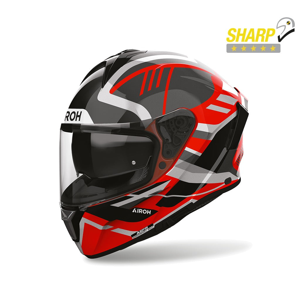 Airoh Spark 2 Luma Rosso Lucido (SP2L55), casco integrale visto di tre quarti anteriore, con badge 5 stelle SHARP