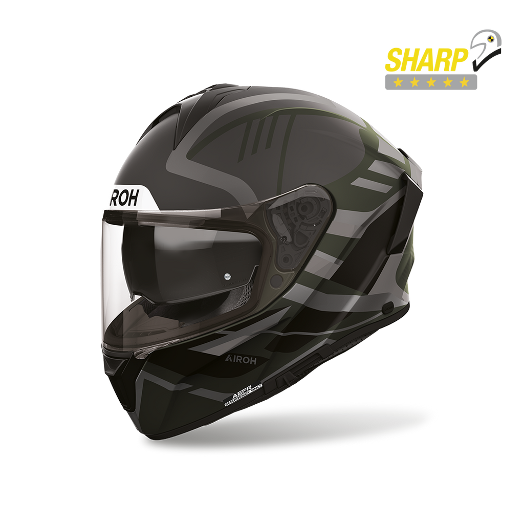 Airoh Spark 2 Luma Verde Militare Opaco (SP2L70), casco integrale visto di tre quarti anteriore, con badge 5 stelle SHARP