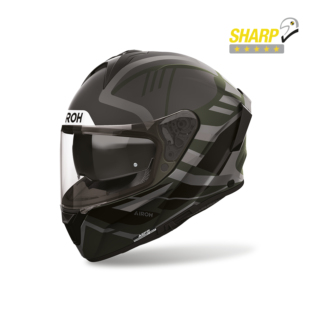 Airoh Spark 2 Luma Verde Militare Opaco (SP2L70), casco integrale visto di tre quarti anteriore, con badge 5 stelle SHARP