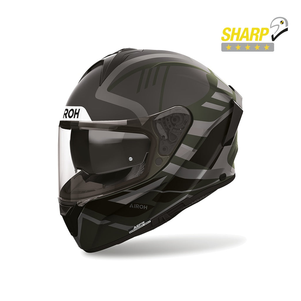 Airoh Spark 2 Luma Verde Militare Opaco (SP2L70), casco integrale visto di tre quarti anteriore, con badge 5 stelle SHARP