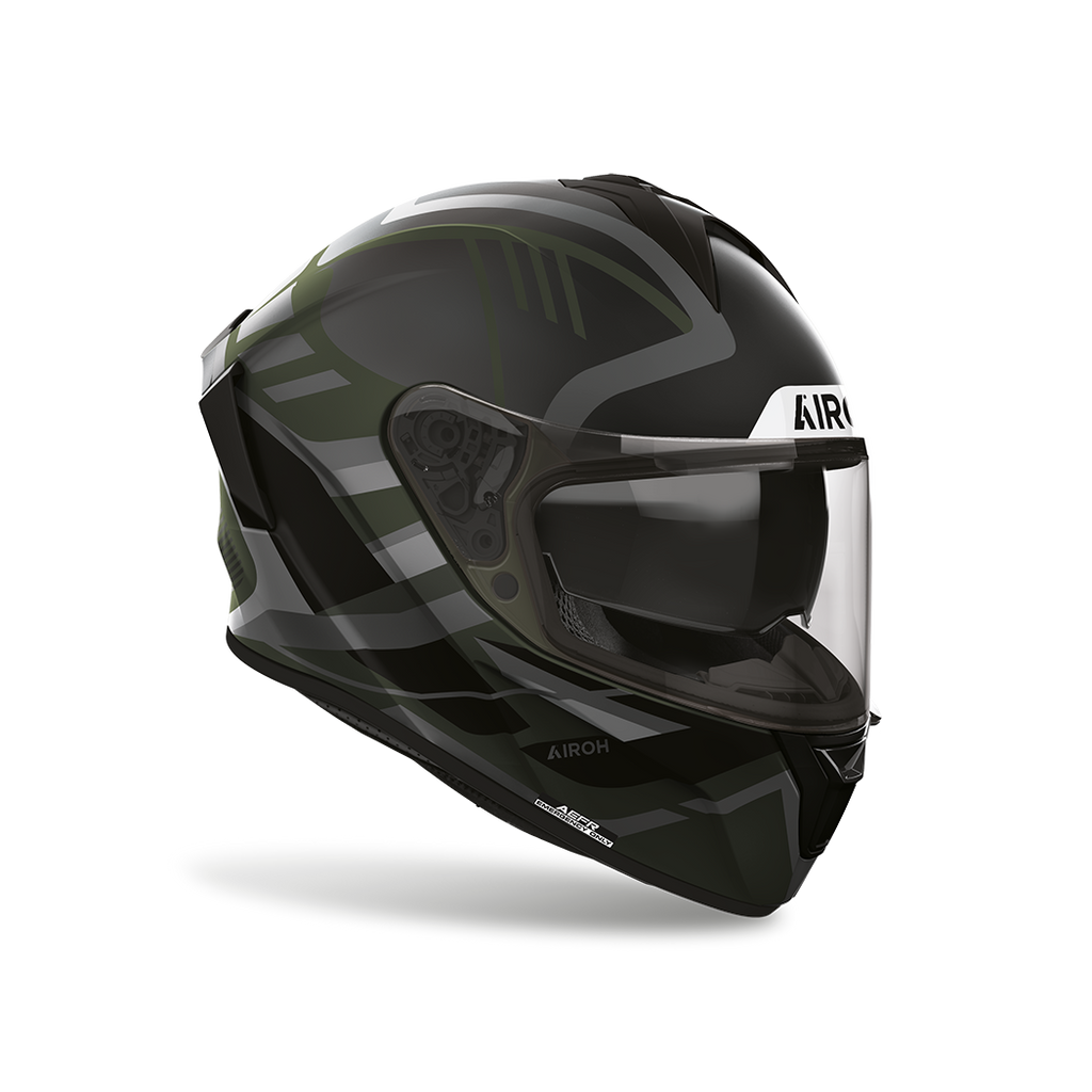 Airoh Spark 2 Luma Verde Militare Opaco visto di tre quarti dal lato opposto, grafica verde militare e nero opaca, visiera chiusa