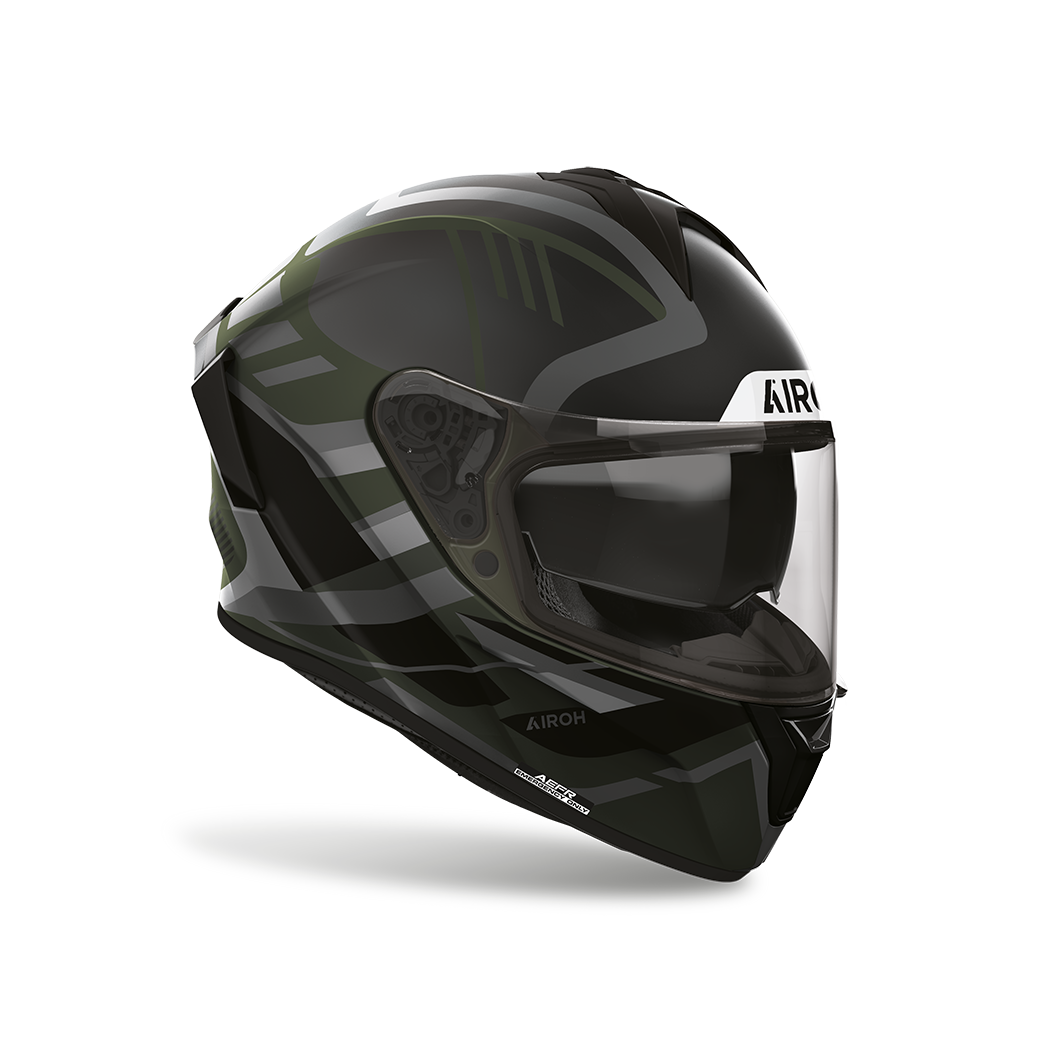 Airoh Spark 2 Luma Verde Militare Opaco visto di tre quarti dal lato opposto, grafica verde militare e nero opaca, visiera chiusa