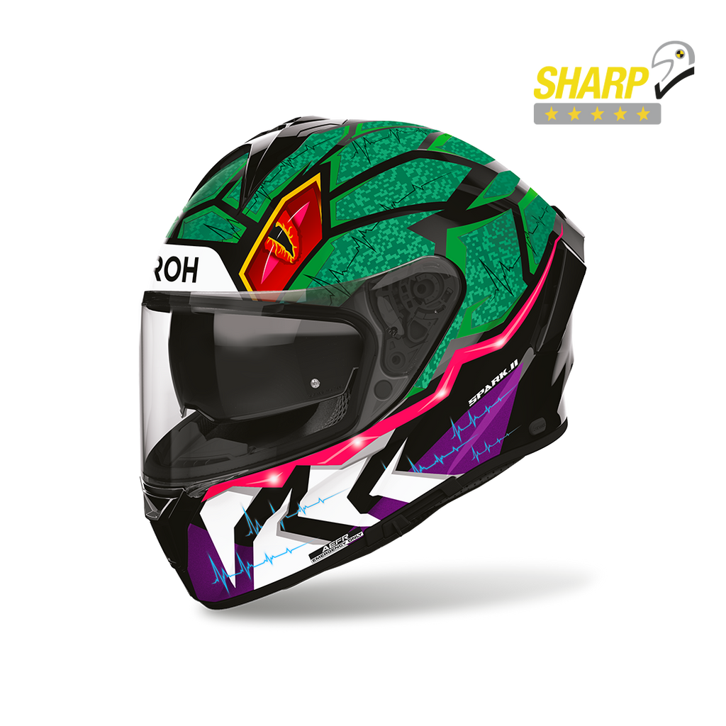 Airoh Spark 2 Rex Lucido (SP2RX33), casco integrale visto di tre quarti anteriore, con badge 5 stelle SHARP