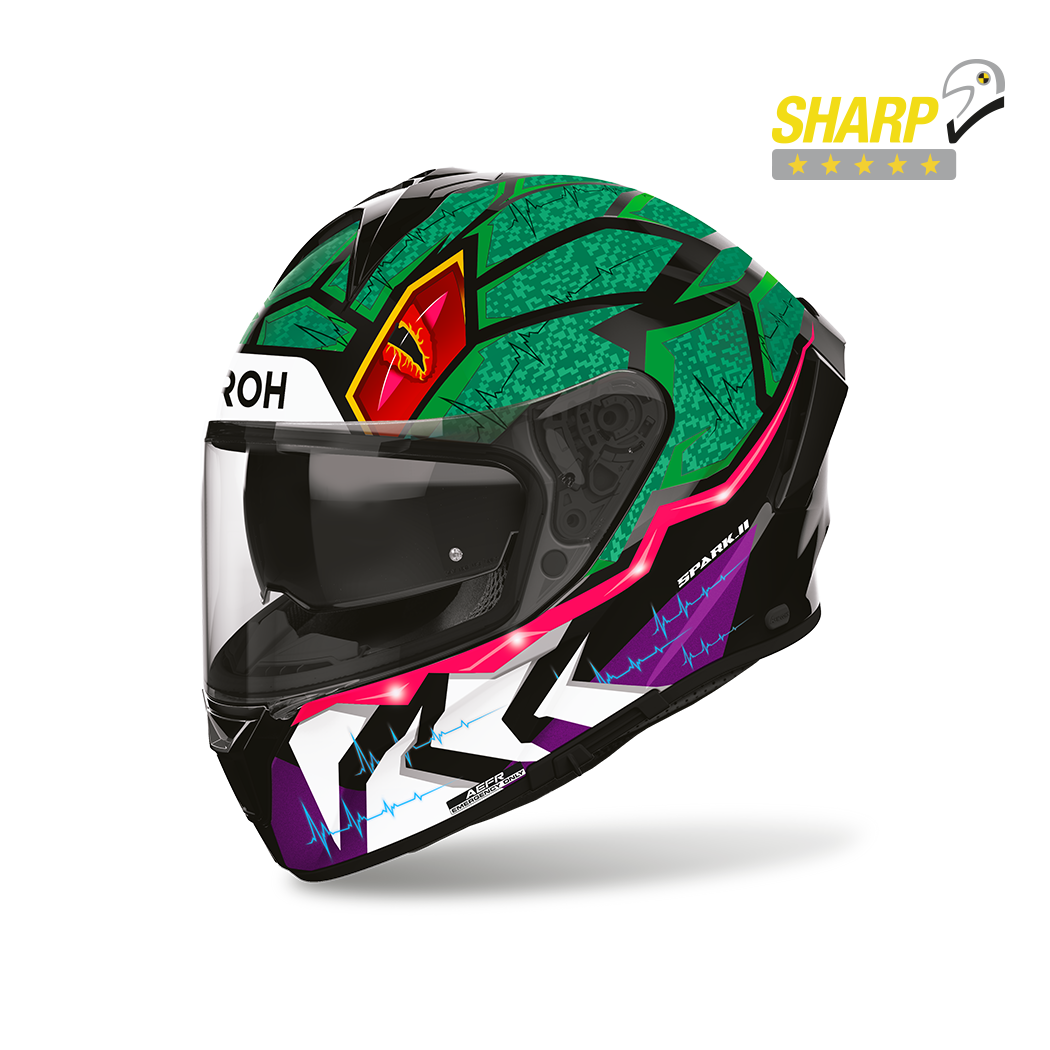 Airoh Spark 2 Rex Lucido (SP2RX33), casco integrale visto di tre quarti anteriore, con badge 5 stelle SHARP
