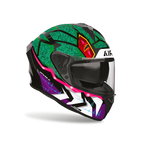 Airoh Spark 2 Rex Lucido visto di tre quarti dal lato opposto, grafica verde, viola e fucsia e visiera chiusa