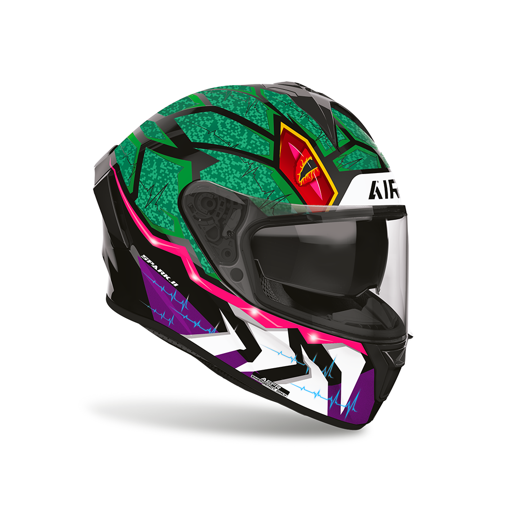 Airoh Spark 2 Rex Lucido visto di tre quarti dal lato opposto, grafica verde, viola e fucsia e visiera chiusa