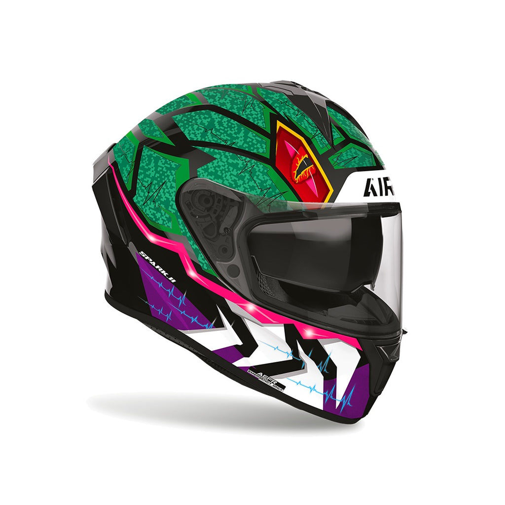 Airoh Spark 2 Rex Verde/Viola/Fucsia Lucido visto di tre quarti dal lato opposto, grafica verde, viola e fucsia e visiera chiusa