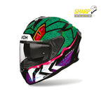 Airoh Spark 2 Rex Verde/Viola/Fucsia Lucido (SP2RX33), casco integrale visto di tre quarti anteriore, con badge 5 stelle SHARP