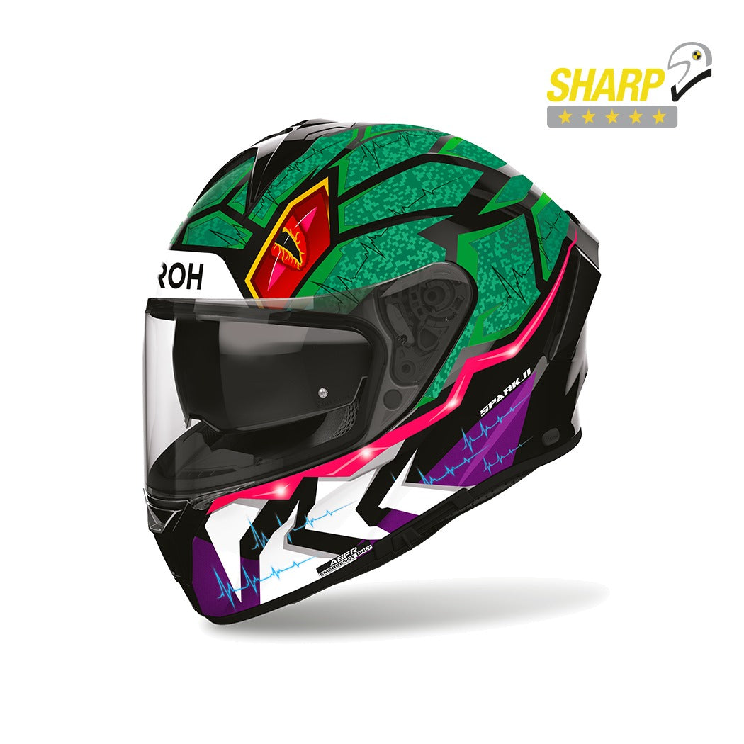 Airoh Spark 2 Rex Verde/Viola/Fucsia Lucido (SP2RX33), casco integrale visto di tre quarti anteriore, con badge 5 stelle SHARP