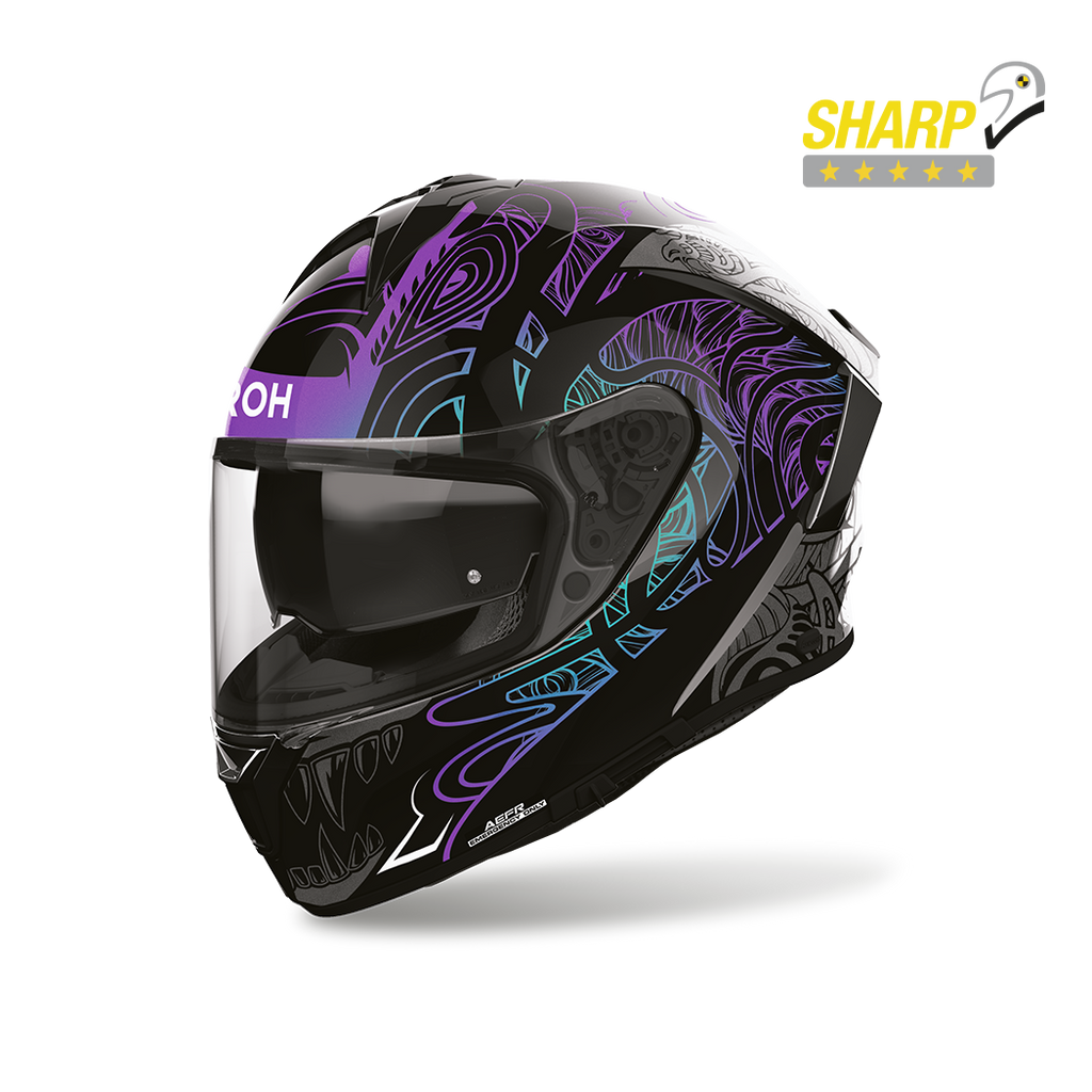 Airoh Spark 2 Silk Lucido (SP2S54), casco integrale visto di tre quarti anteriore, con badge 5 stelle SHARP