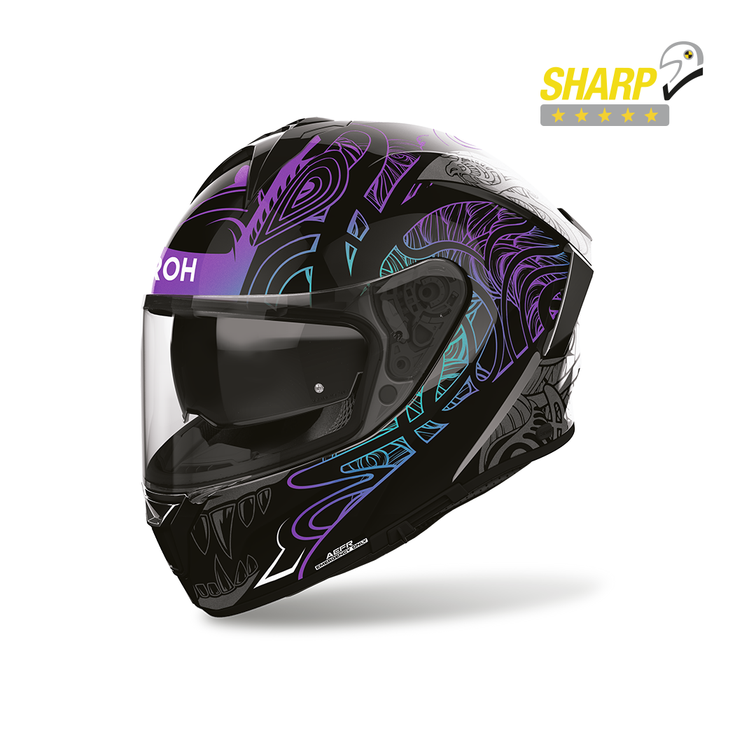 Airoh Spark 2 Silk Lucido (SP2S54), casco integrale visto di tre quarti anteriore, con badge 5 stelle SHARP