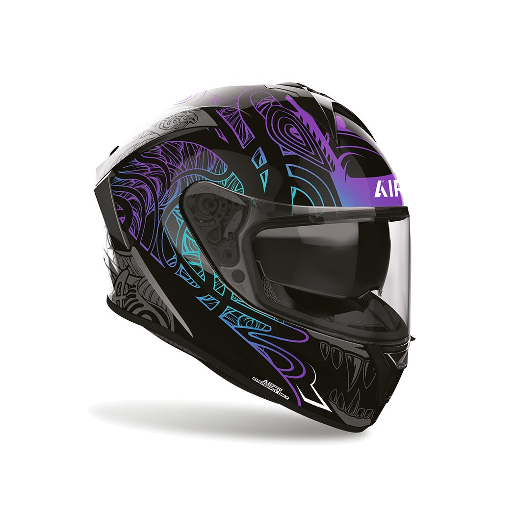Airoh Spark 2 Silk Nero/Viola Lucido visto di tre quarti dal lato opposto, grafica nero e viola e visiera chiusa