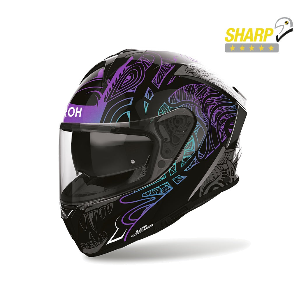 Airoh Spark 2 Silk Nero/Viola Lucido (SP2S54), casco integrale visto di tre quarti anteriore, con badge 5 stelle SHARP