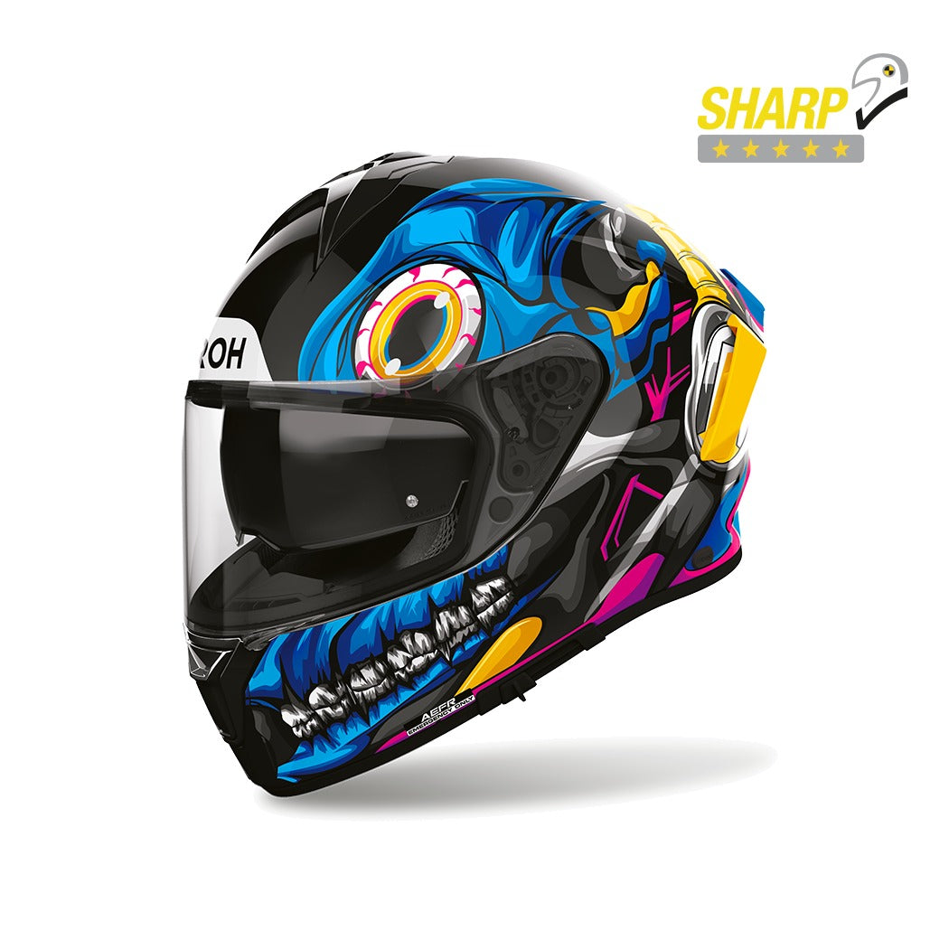 Airoh Spark 2 Stranger Blu/Multicolore Lucido (SP2ST35), casco integrale visto di tre quarti anteriore, con badge 5 stelle SHARP