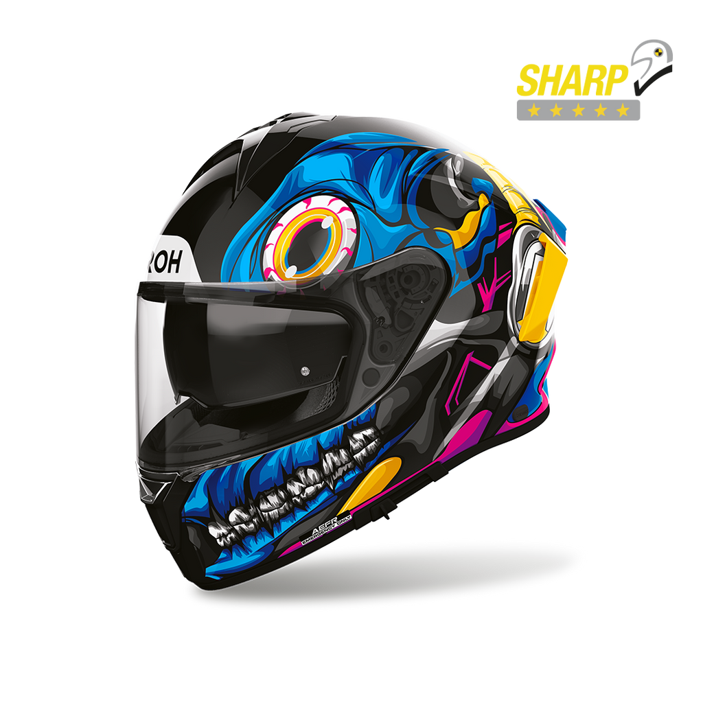 Airoh Spark 2 Stranger Lucido (SP2ST35), casco integrale visto di tre quarti anteriore, con badge 5 stelle SHARP