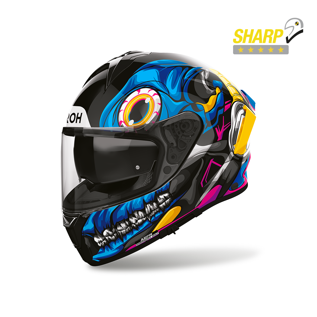 Airoh Spark 2 Stranger Lucido (SP2ST35), casco integrale visto di tre quarti anteriore, con badge 5 stelle SHARP
