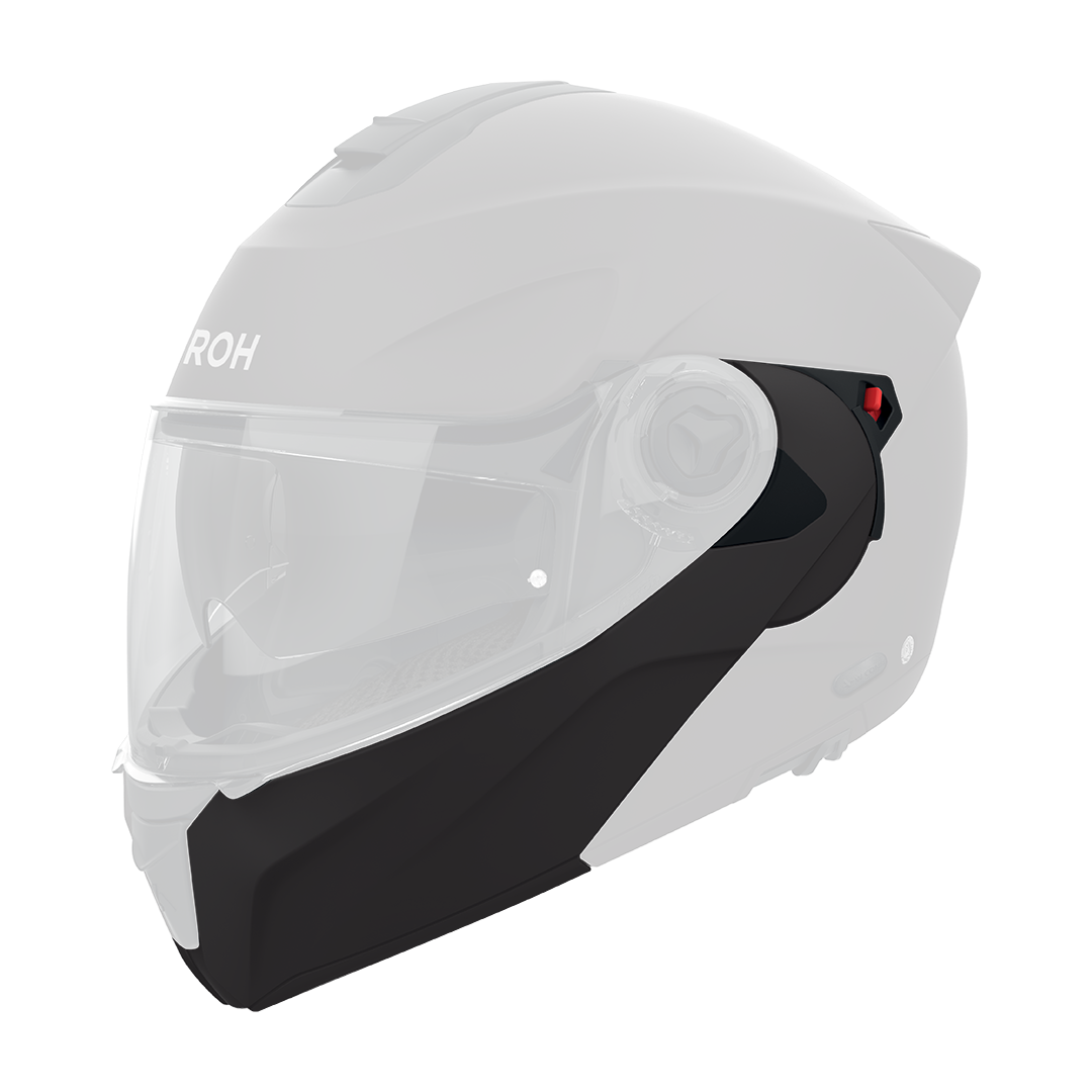 Mentoniera Nero Opaco originale Airoh SPEC11M per casco Specktre, mostrata su un casco in trasparenza, foto ufficiale del ricambio