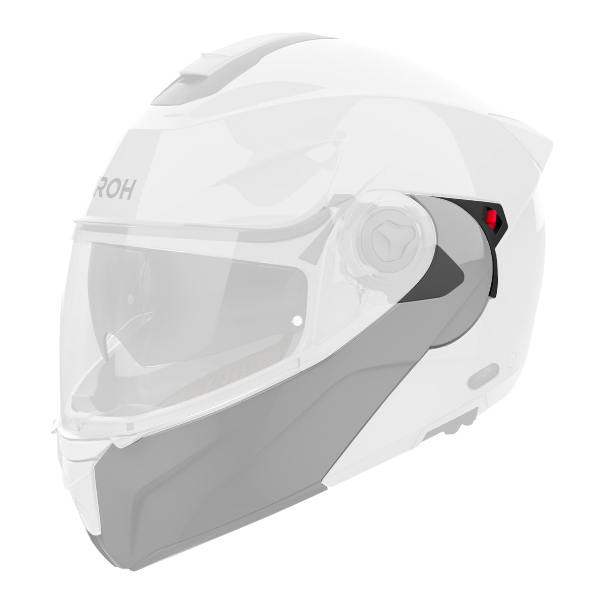 Mentoniera Grigio Cemento Lucido originale Airoh SPEC98M per casco Specktre, mostrata su un casco in trasparenza, foto ufficiale del ricambio