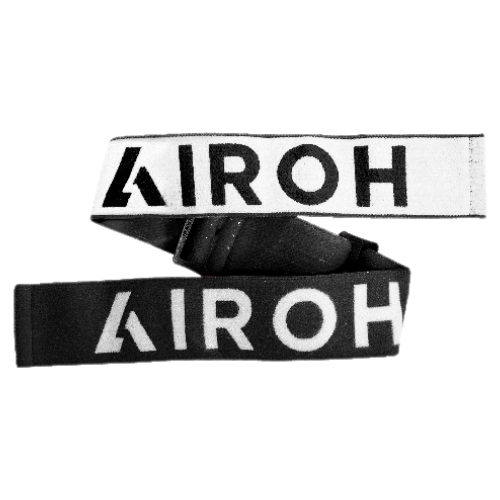 Cinghia elastica Airoh SXR114 nera con scritta AIROH bianca e tratto terminale bianco con scritta nera, ricambio originale per maschera Blast XR1