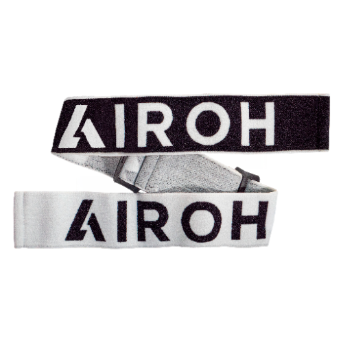 Cinghia elastica Airoh SXR135 bianca con scritta AIROH nera e tratto terminale nero con scritta bianca, ricambio originale per maschera Blast XR1