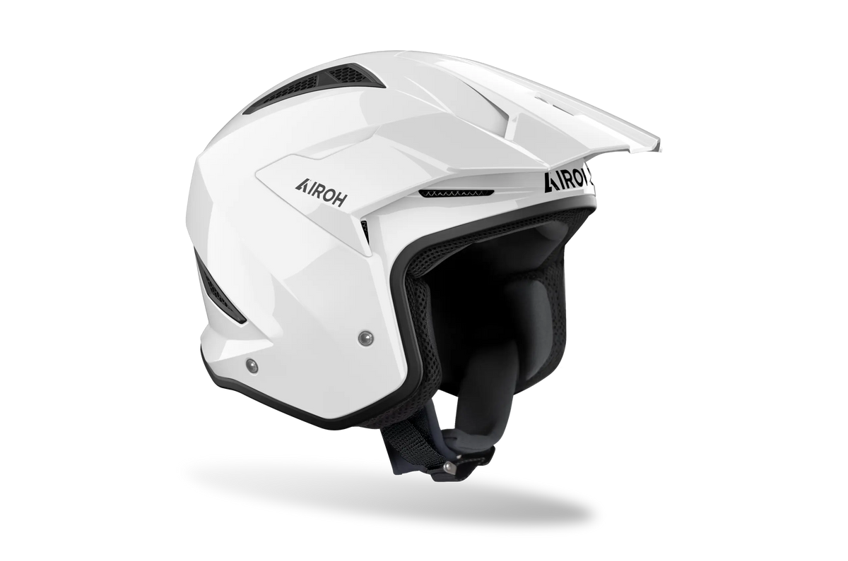 Casco da trial Airoh TRR II Color bianco lucido visto di tre quarti dal lato opposto