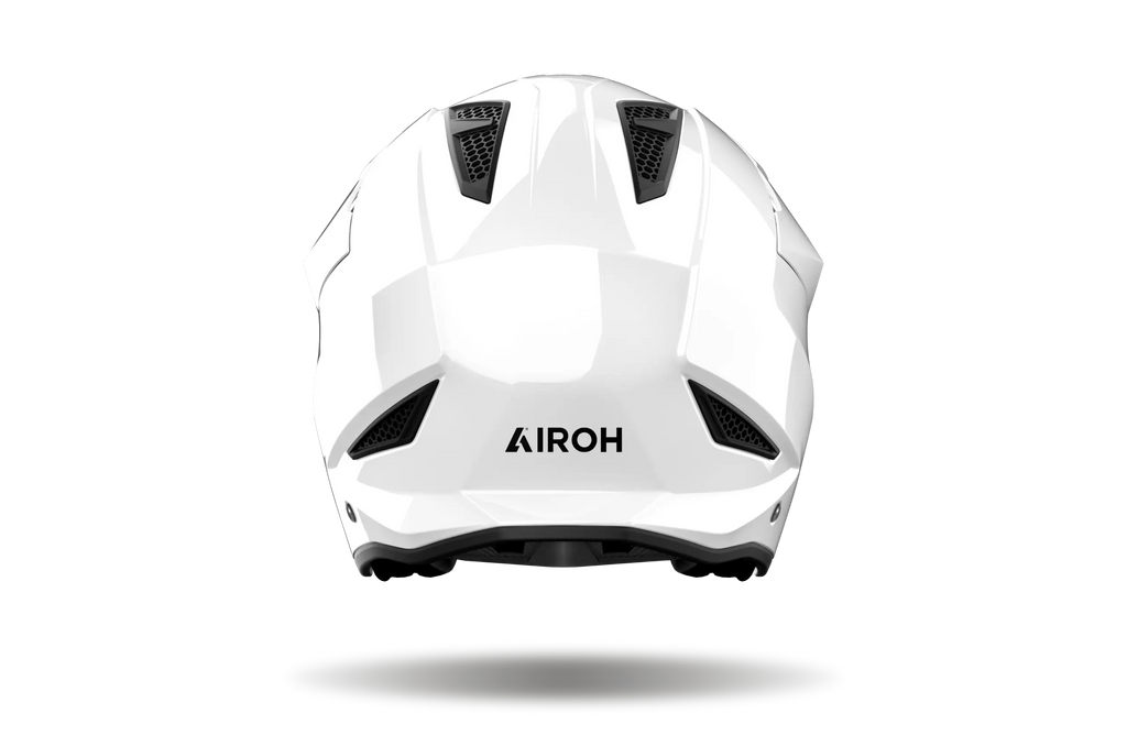 Airoh TRR II Color bianco lucido visto da dietro, con prese d'aria posteriori e logo Airoh