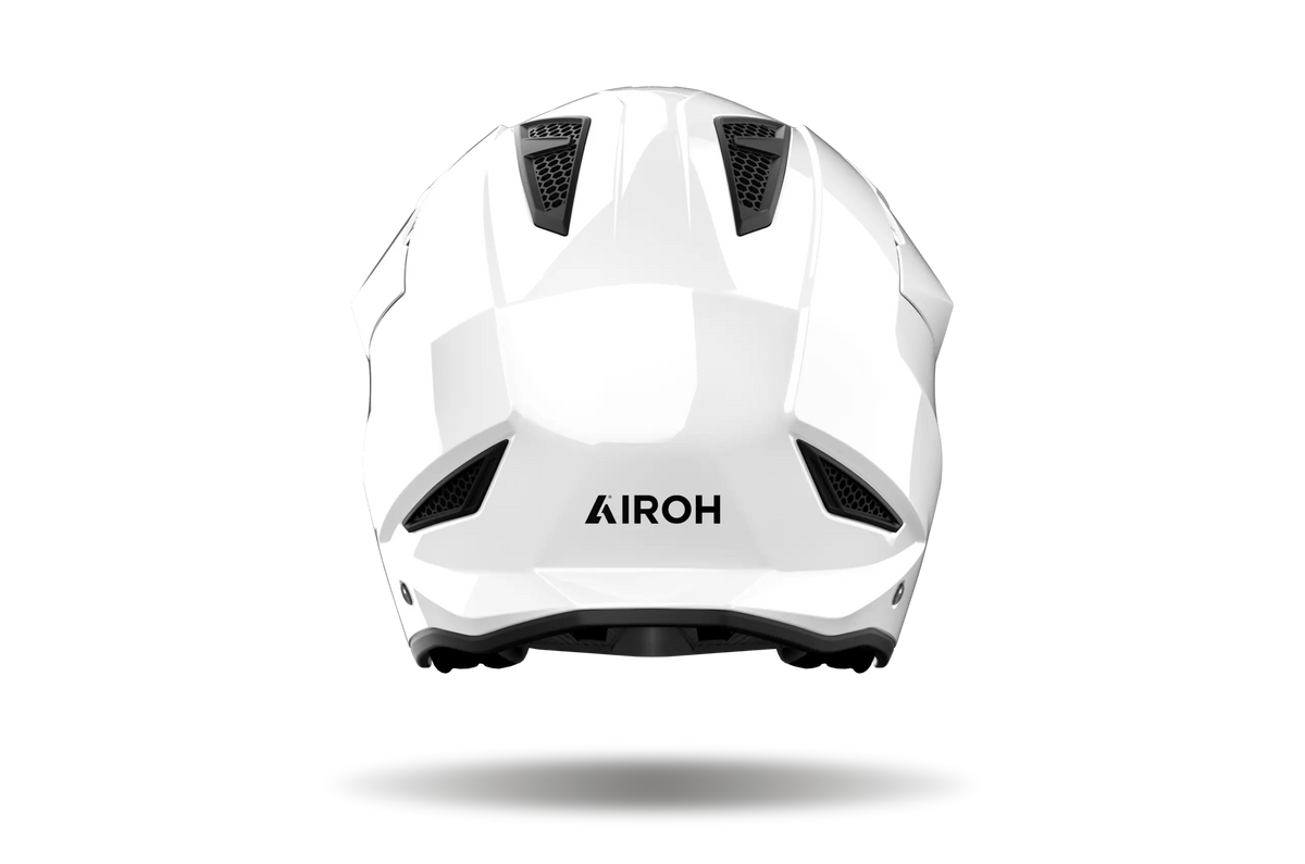 Airoh TRR II Color bianco lucido visto da dietro, con prese d'aria posteriori e logo Airoh