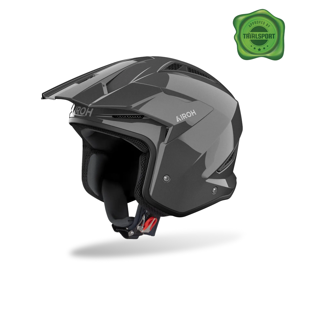 Airoh TRR II Color grigio scuro lucido, casco jet da trial con frontino visto di tre quarti