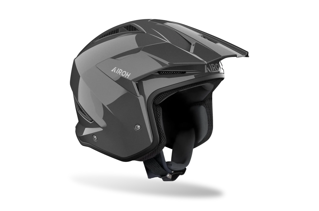 Casco da trial Airoh TRR II Color grigio scuro lucido visto di tre quarti dal lato opposto