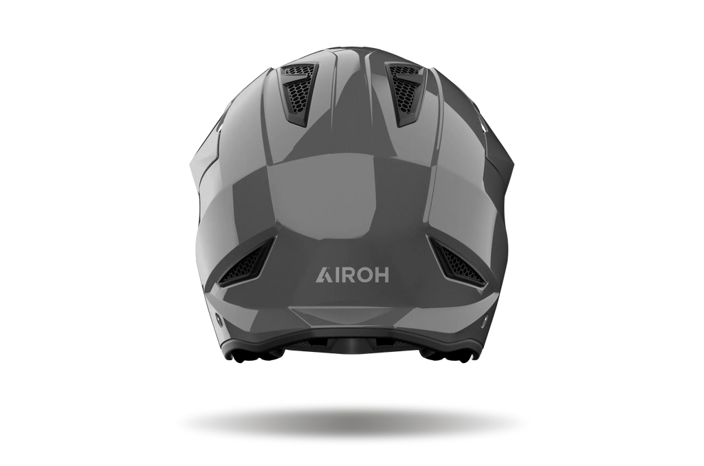 Airoh TRR II Color grigio scuro lucido visto da dietro, con prese d'aria posteriori e logo Airoh