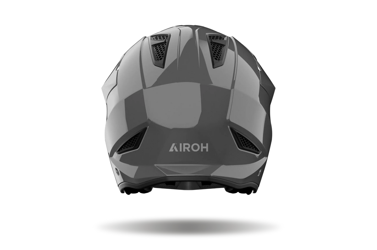 Airoh TRR II Color grigio scuro lucido visto da dietro, con prese d'aria posteriori e logo Airoh