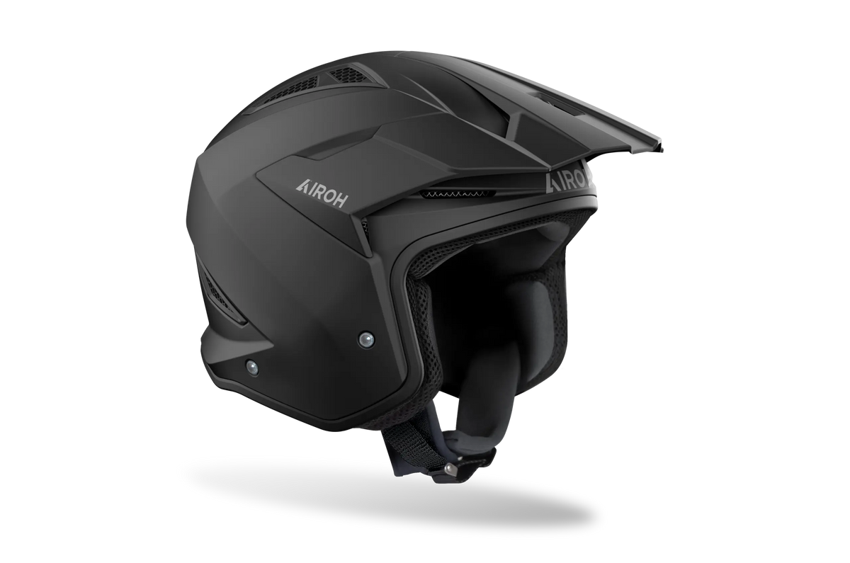 Casco da trial Airoh TRR II Color nero opaco visto di tre quarti dal lato opposto