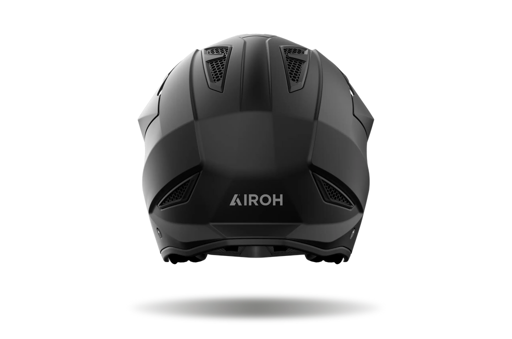 Airoh TRR II Color nero opaco visto da dietro, con prese d'aria posteriori e logo Airoh