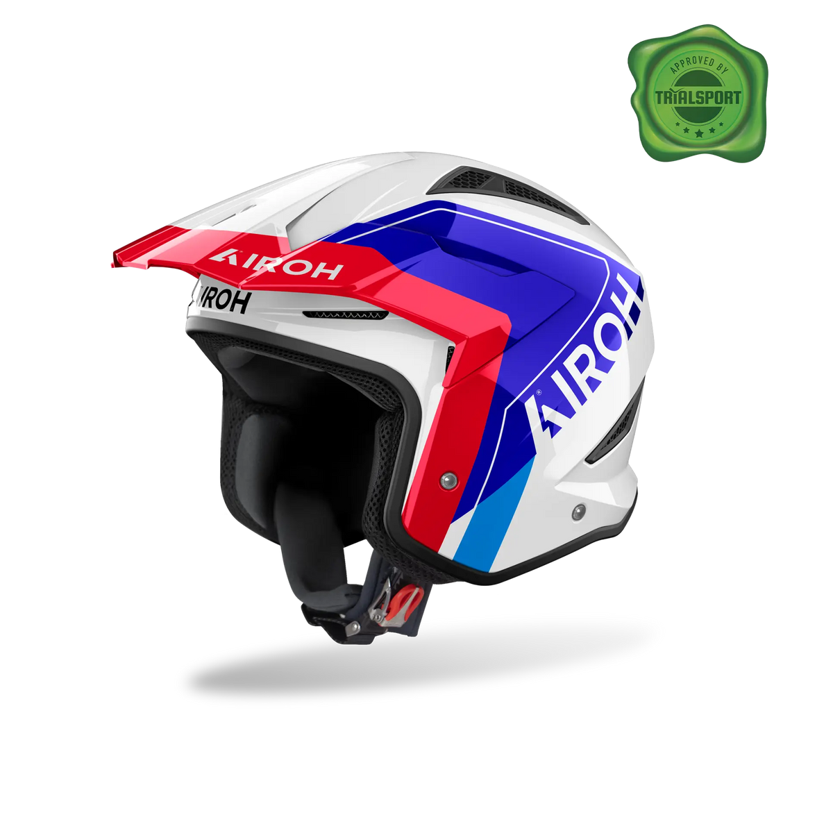 Airoh TRR II Hunt blu e rosso lucido, casco jet da trial con frontino visto di tre quarti