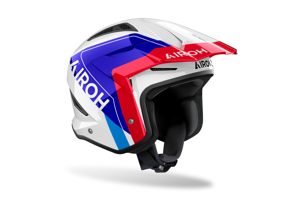 Casco da trial Airoh TRR II Hunt blu e rosso lucido visto di tre quarti dal lato opposto