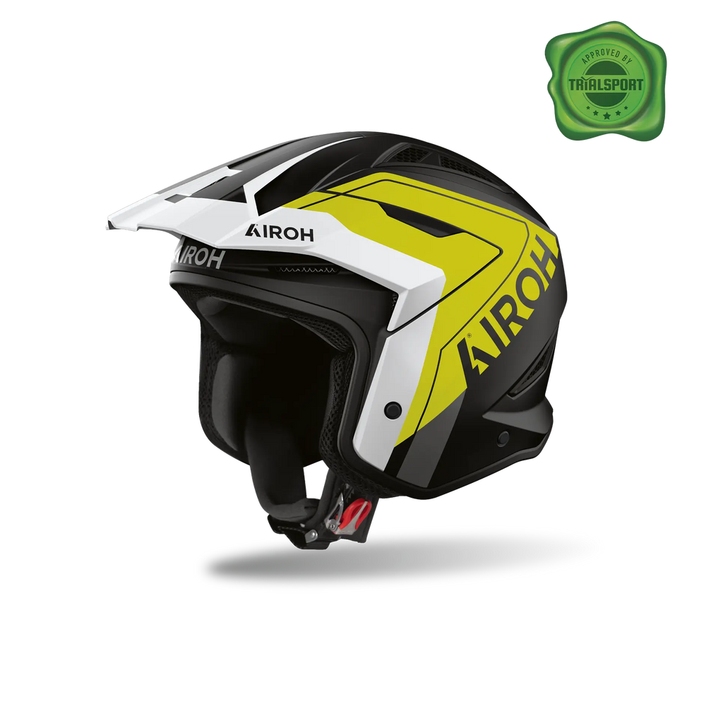 Airoh TRR II Hunt giallo opaco, casco jet da trial con frontino visto di tre quarti