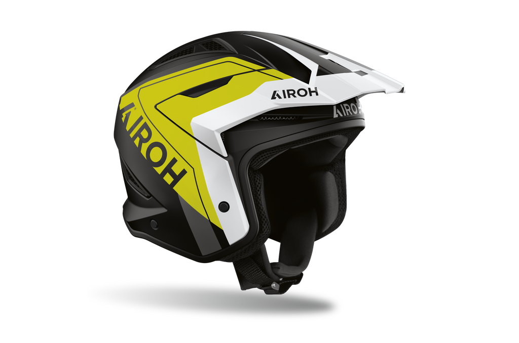 Casco da trial Airoh TRR II Hunt giallo opaco visto di tre quarti dal lato opposto