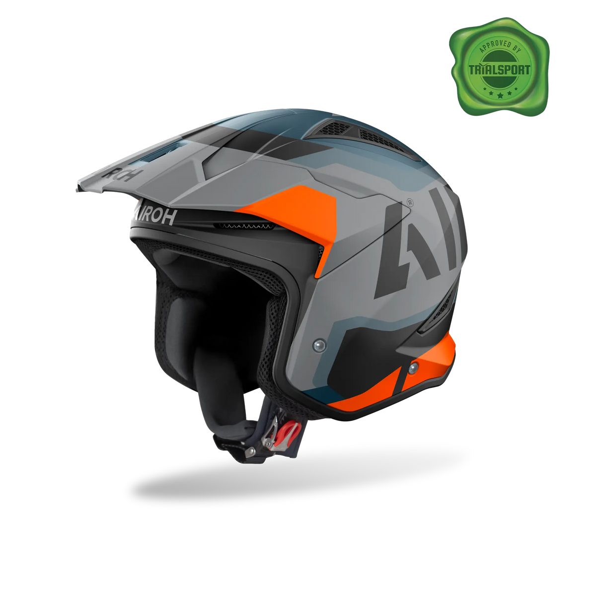 Airoh TRR II Jupiter arancio opaco, casco jet da trial con frontino visto di tre quarti