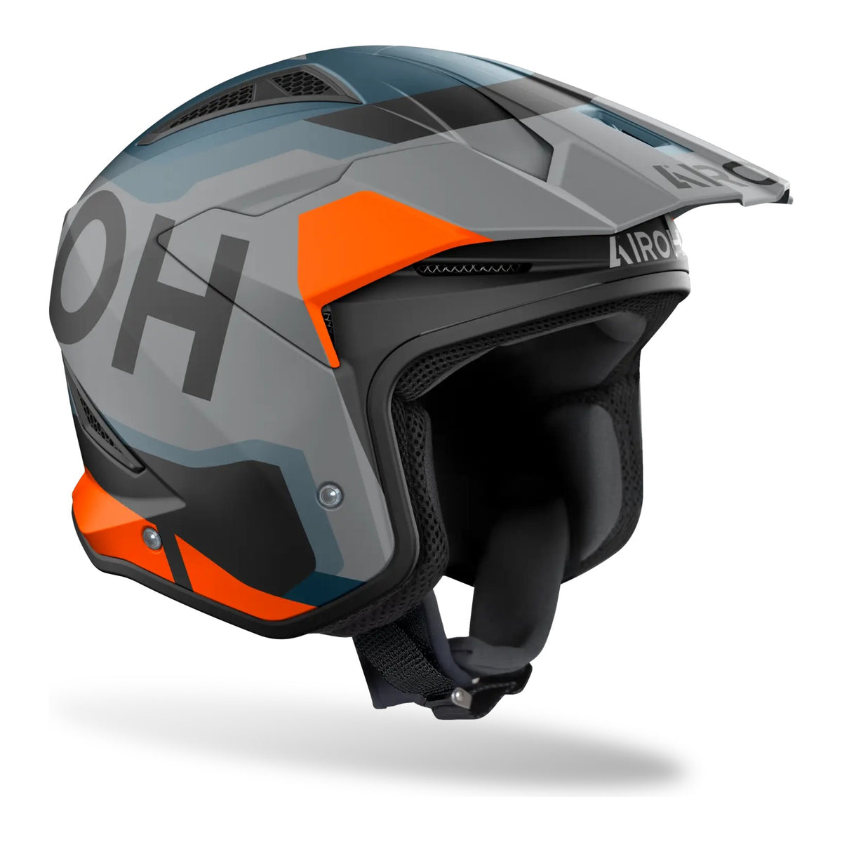 Casco da trial Airoh TRR II Jupiter arancio opaco visto di tre quarti dal lato opposto