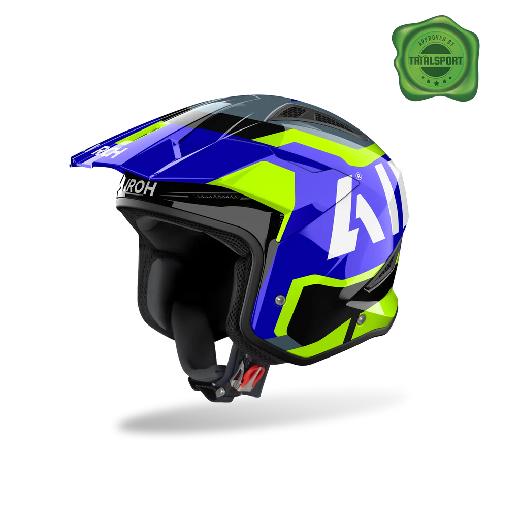 Airoh TRR II Jupiter blu e giallo lucido, casco jet da trial con frontino visto di tre quarti