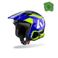 Airoh TRR II Jupiter blu e giallo lucido, casco jet da trial con frontino visto di tre quarti